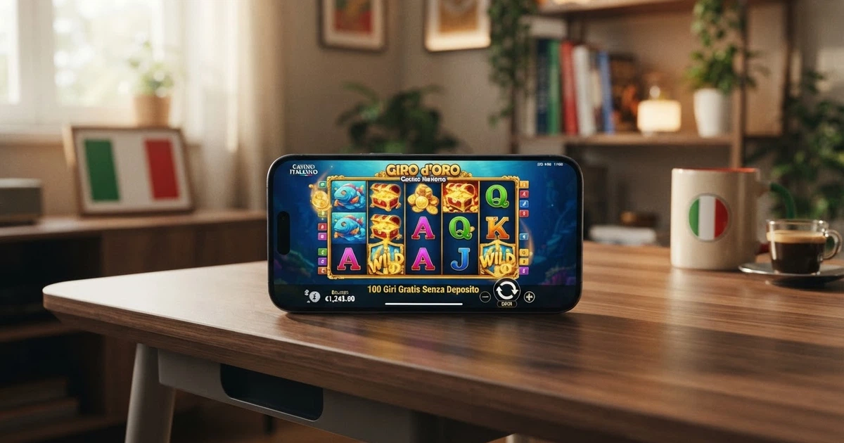 Una schermata di slot machine con il contatore dei giri gratis in evidenza e la dicitura «100 Giri Gratis Senza Deposito» in sovraimpressione, elementi visivi che richiamano il tricolore italiano