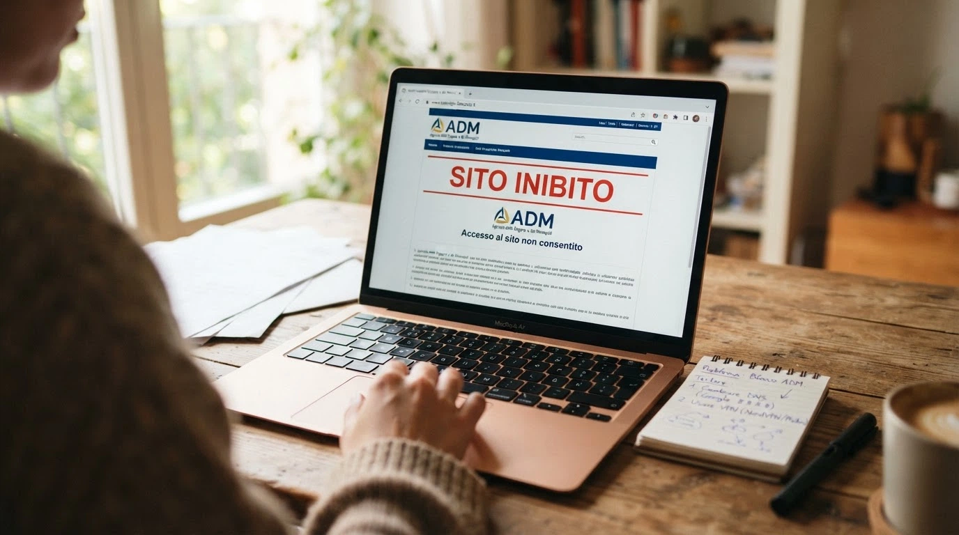 Un'infografica che illustra il meccanismo del blocco DNS imposto dall'ADM: il dominio del casinò non autorizzato, il provider italiano e il messaggio di sito inibito