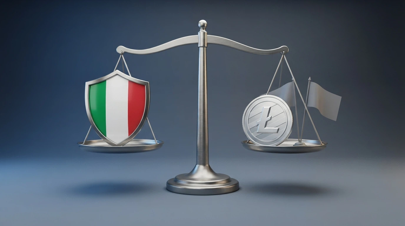Una bilancia stilizzata: su un piatto lo scudo ADM con il tricolore, sull'altro il simbolo Litecoin con le bandiere di Curaçao e Costa Rica.