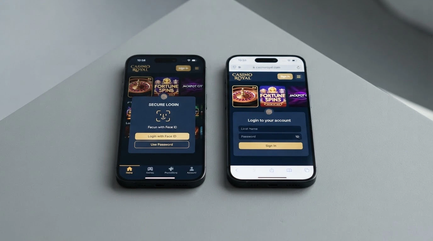 Due smartphone affiancati: a sinistra l'interfaccia di un'app nativa di casinò, a destra la versione browser dello stesso operatore