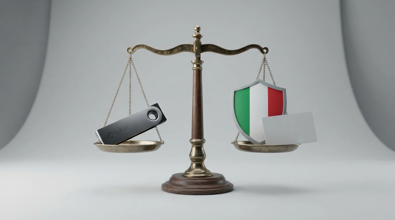 Una bilancia con due piatti: su uno una chiave hardware per criptovalute, sull'altro uno scudo con la bandiera italiana e un documento d'identità.