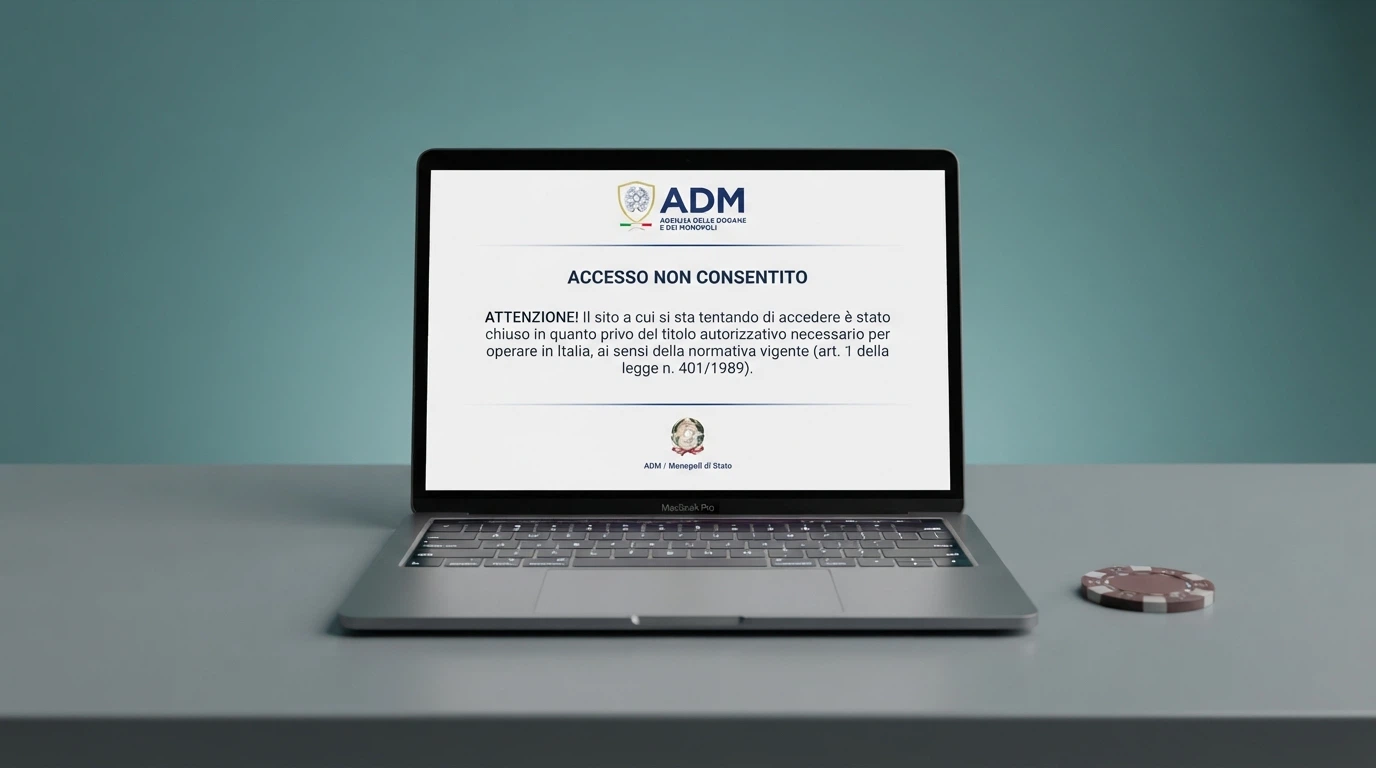 Lo schermo di un computer con la pagina di avvertenza ADM che appare quando un sito inibito viene raggiunto da un ISP italiano — il testo ufficiale dell'Agenzia delle Dogane e dei Monopoli ben visibile