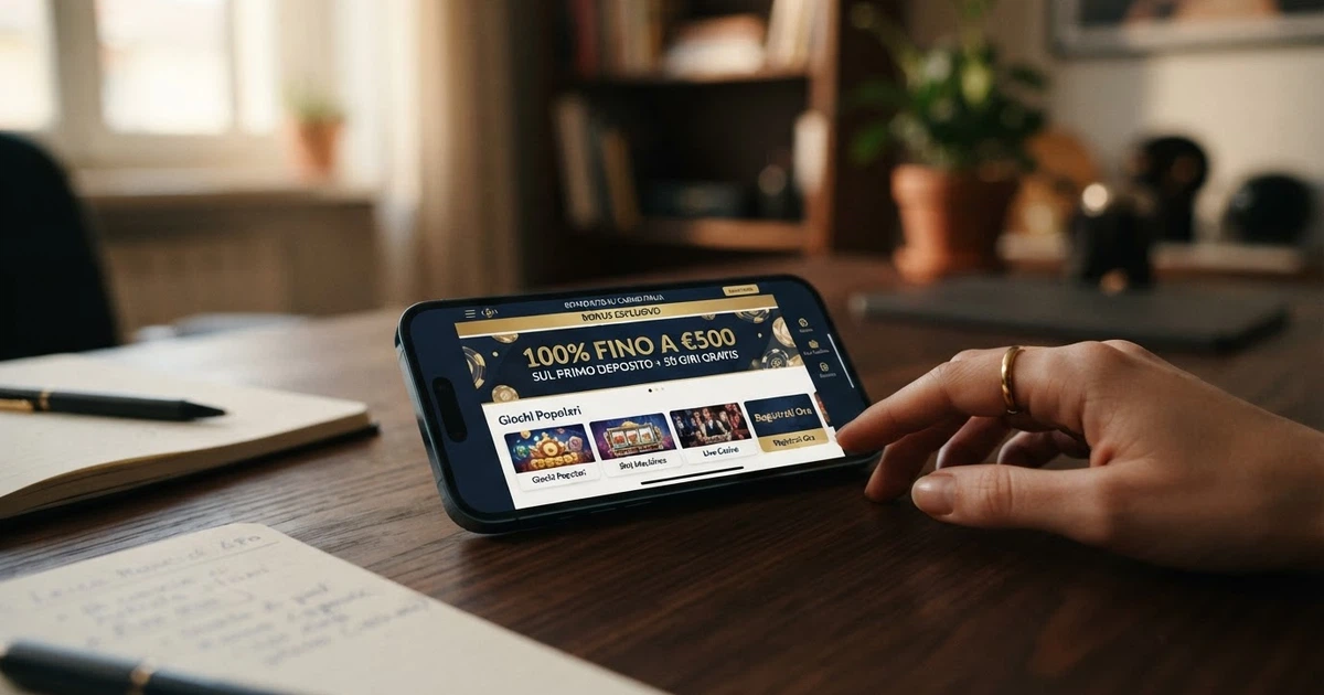 Schermata di un casinò online con licenza ADM che mostra un'offerta di bonus di benvenuto con match del 100% sul primo deposito