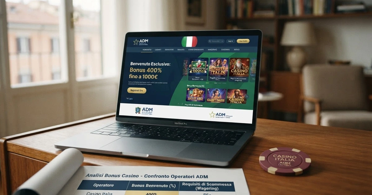 Uno schermo di computer con la homepage di un casinò online italiano, il badge della licenza ADM in evidenza e una tabella comparativa di offerte di benvenuto