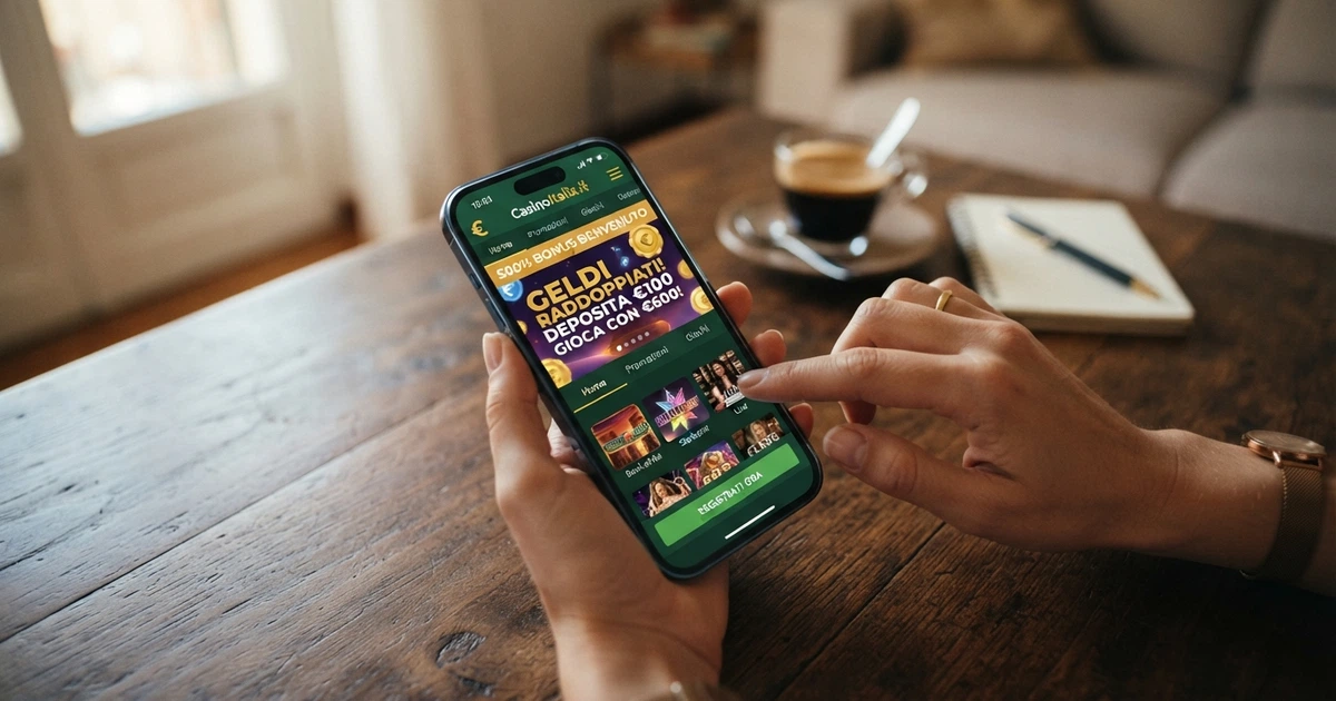 Un giocatore consulta la lista dei bonus casinò su uno smartphone, con l'interfaccia di un casinò online sullo schermo