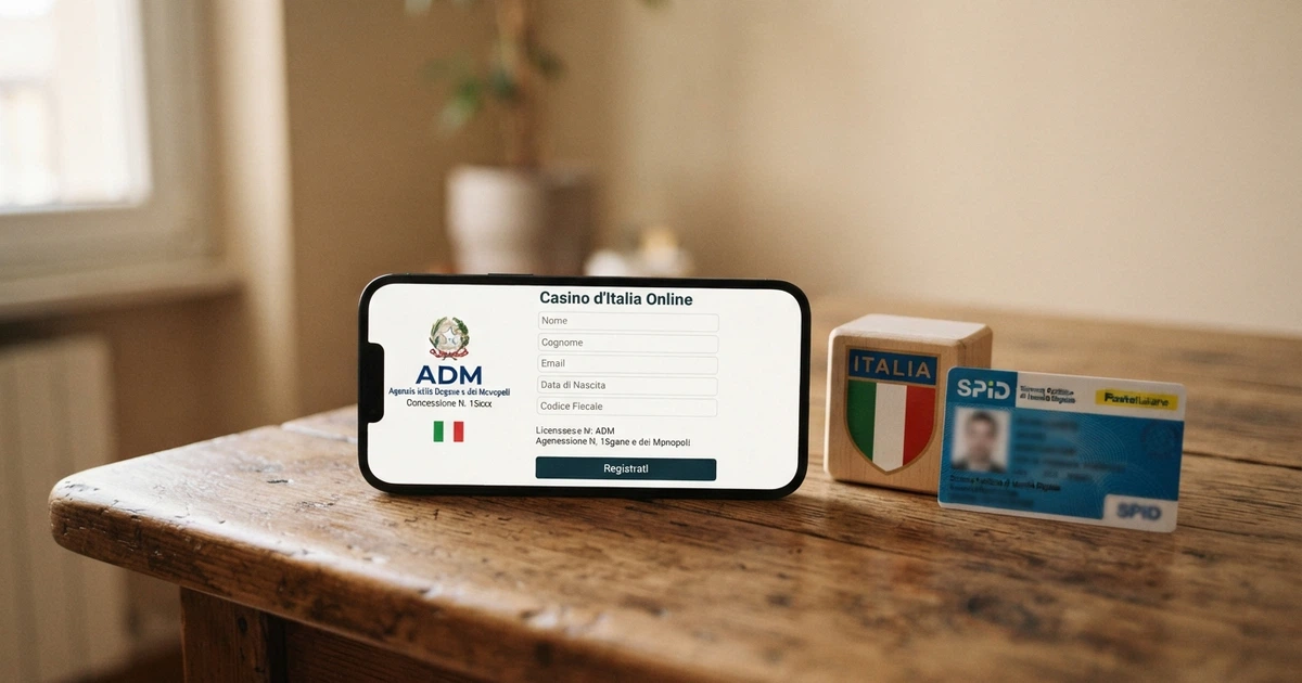 Un telefono con lo schermo che mostra la pagina di registrazione di un casino online italiano, accanto a un documento d'identità e alla carta SPID appoggiata su un tavolo
