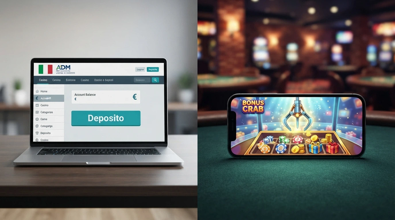 Un confronto visivo tra un casinò con scudo ADM e un casinò offshore senza protezioni, con l'artiglio che pende dal lato offshore