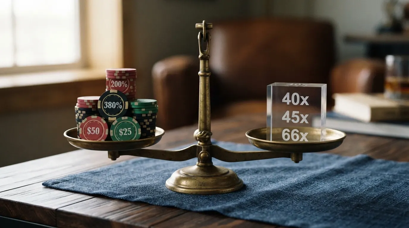 Una bilancia stilizzata: da un lato il moltiplicatore del bonus (200%, 380%, 500%), dall’altro il peso del wagering (40x, 45x, 66x)