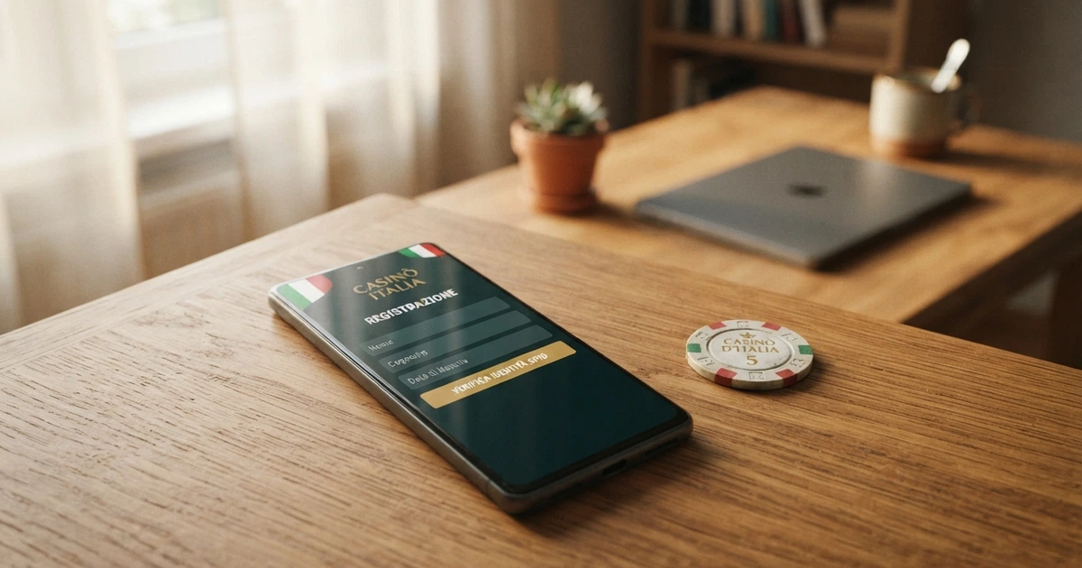 Un telefono con lo schermo che mostra la schermata di registrazione a un casinò online, affiancato da una Carta d'Identità Elettronica e dal logo SPID