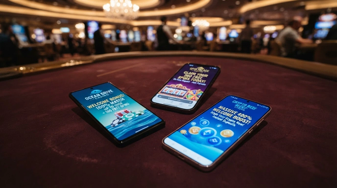 Una selezione di schermate di benvenuto di casinò offshore con i rispettivi bonus in evidenza