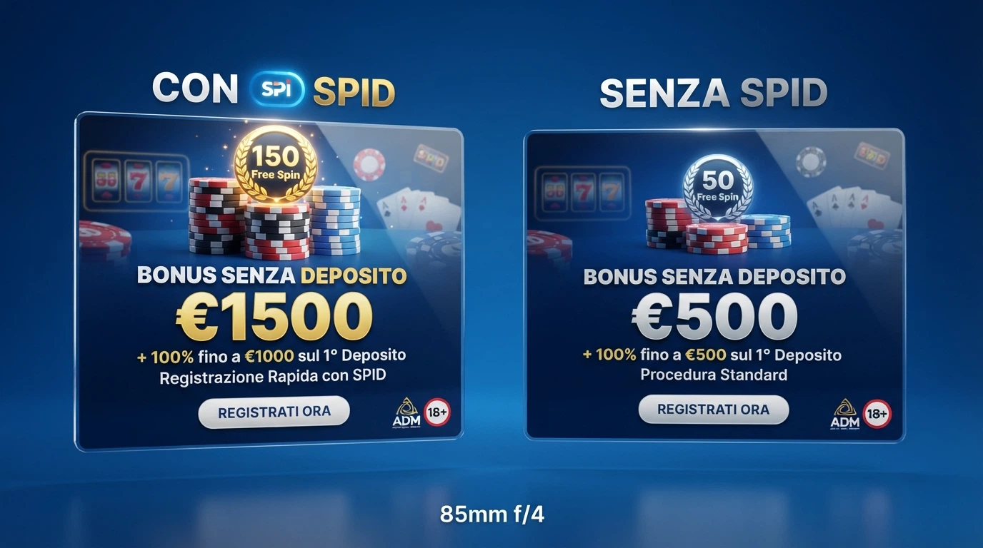 Due riquadri affiancati che confrontano un'offerta di benvenuto: a sinistra «con SPID» con free spin e importi maggiorati, a destra «senza SPID» con l'offerta standard