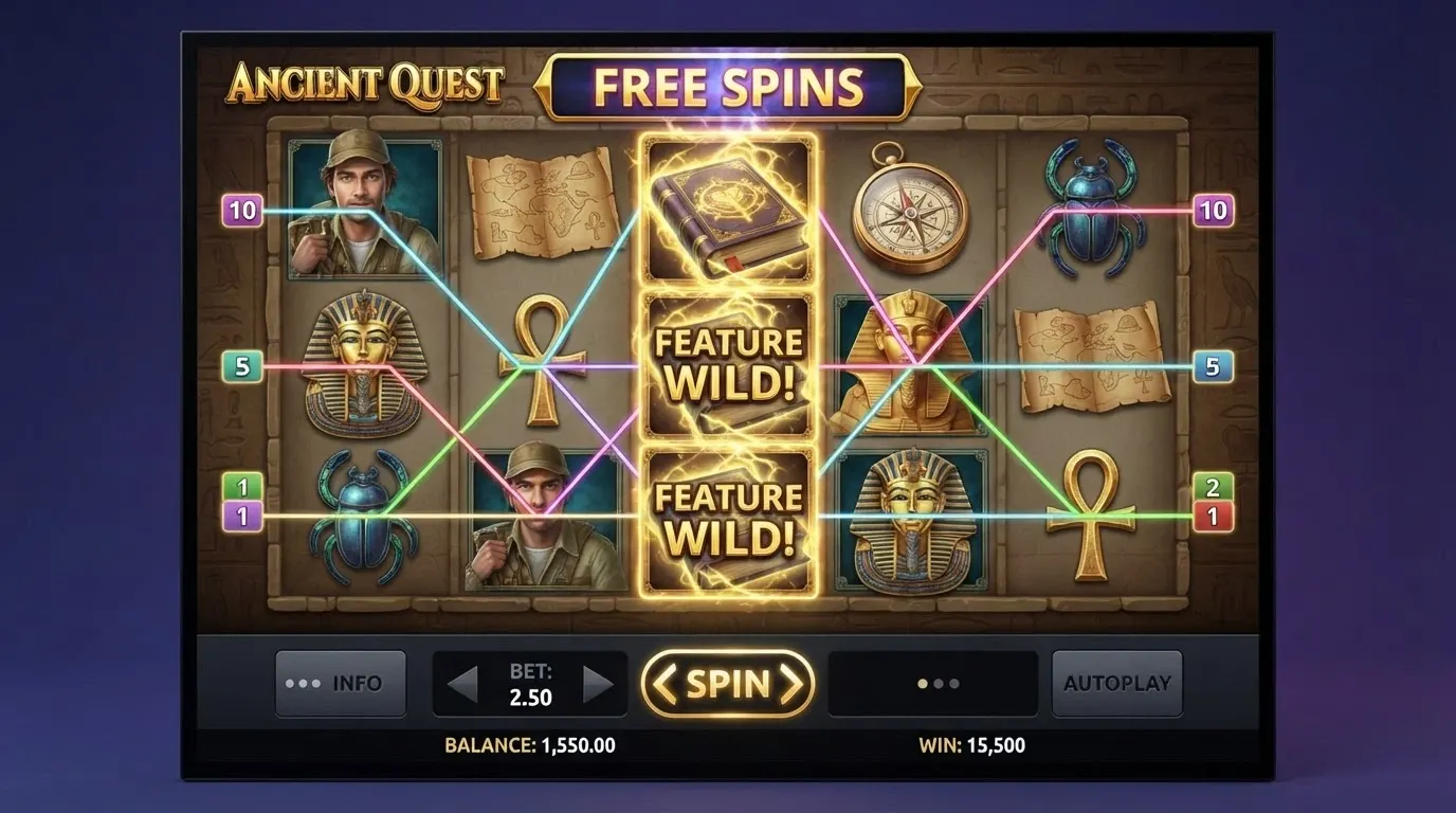 La schermata di gioco di Book of Ra con i 5 rulli, il simbolo del libro espandibile e la scritta «Free Spins» attiva durante il giro bonus