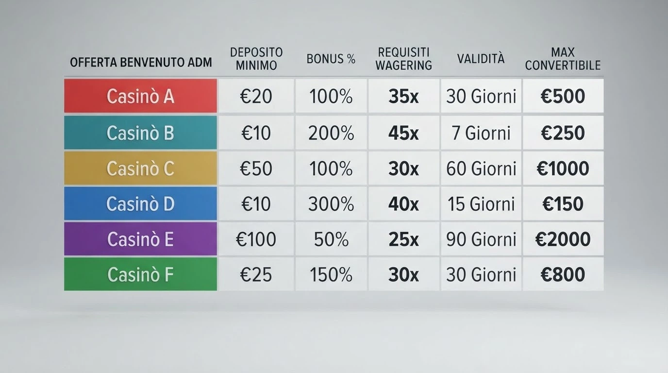 Tabella comparativa stilizzata con loghi dei casinò ADM e le rispettive offerte benvenuto