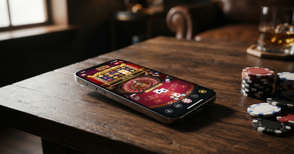 Un iPhone che mostra la schermata principale di un casinò online con icone di slot, roulette e blackjack su uno sfondo con chip da poker