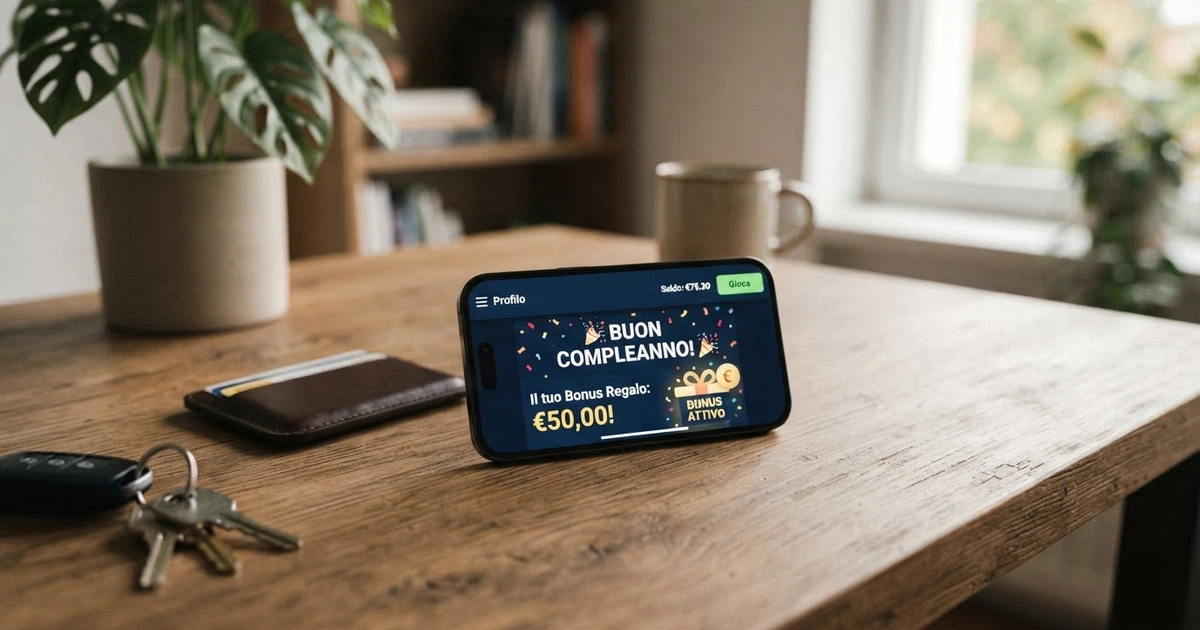 L'area promozioni di un casinò online con una notifica di bonus di compleanno e la scritta «Buon Compleanno» accanto al saldo bonus