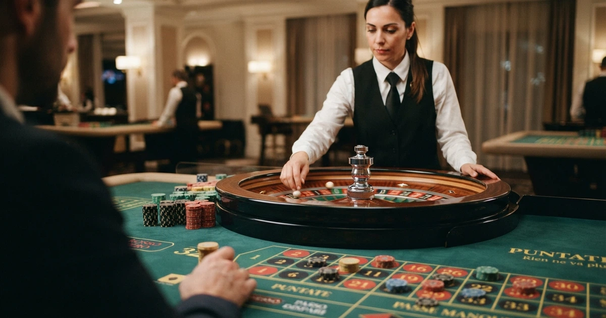 Croupier dal vivo al tavolo da roulette in uno studio professionale, inquadratura multi-angolazione con dettaglio della ruota e del panno verde.
