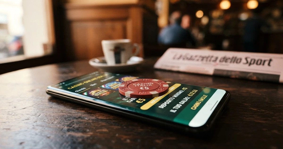 Un telefono con l'interfaccia di un casinò online, una moneta da 50 centesimi appoggiata sullo schermo e il simbolo dell'euro in sovrimpressione