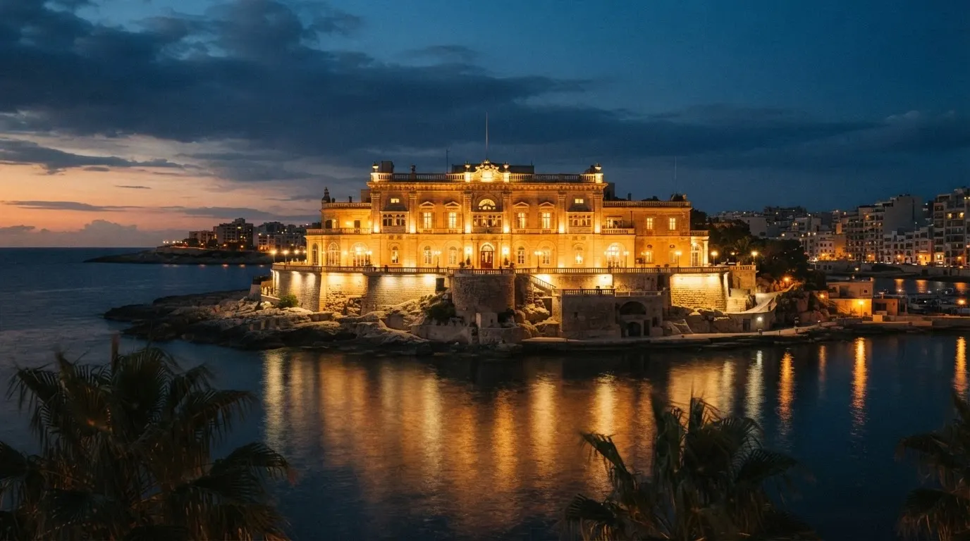 Facciata notturna illuminata del Dragonara Casino, palazzo storico del 1870 sulla penisola di St Julian's, Malta