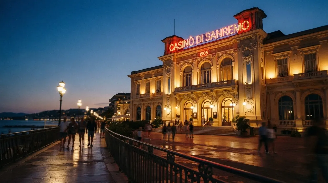 La facciata storica del Casinò di Sanremo con l'insegna luminosa, ripresa dal lungomare
