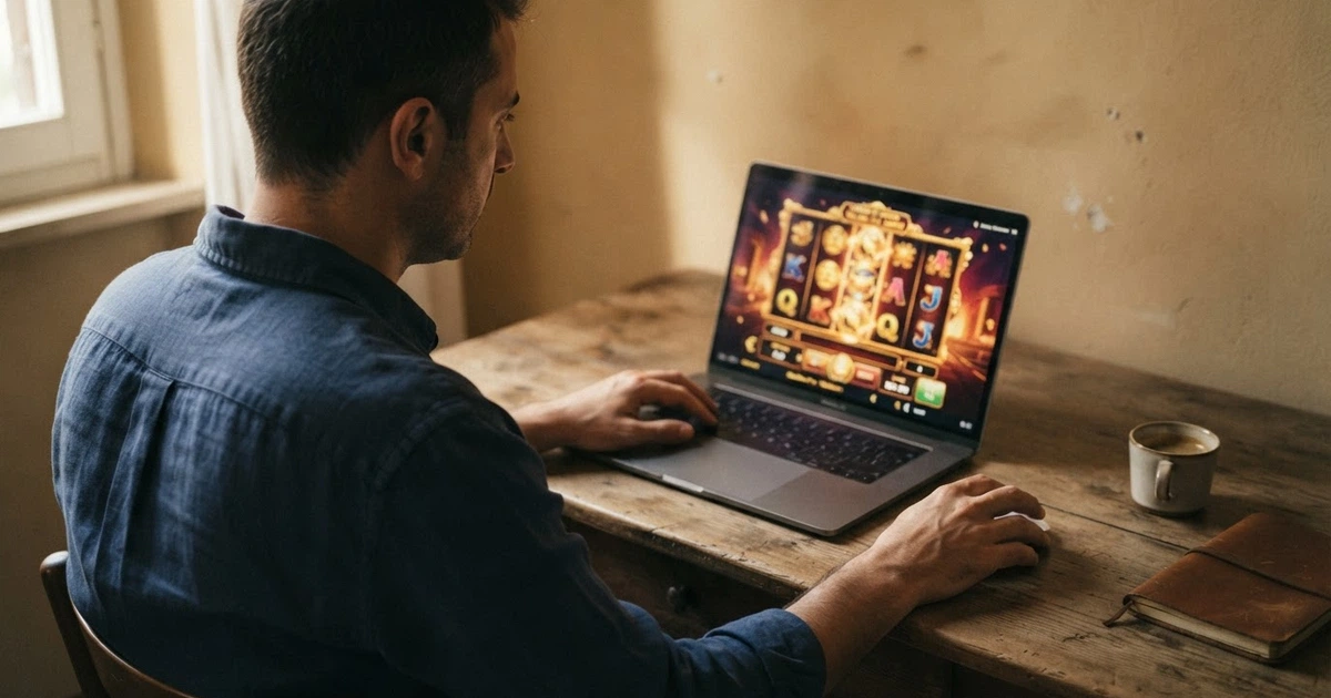 Un giocatore italiano di fronte allo schermo di un computer con l'interfaccia di un casinò online e, in sovrimpressione, il simbolo del blocco DNS dell'ADM