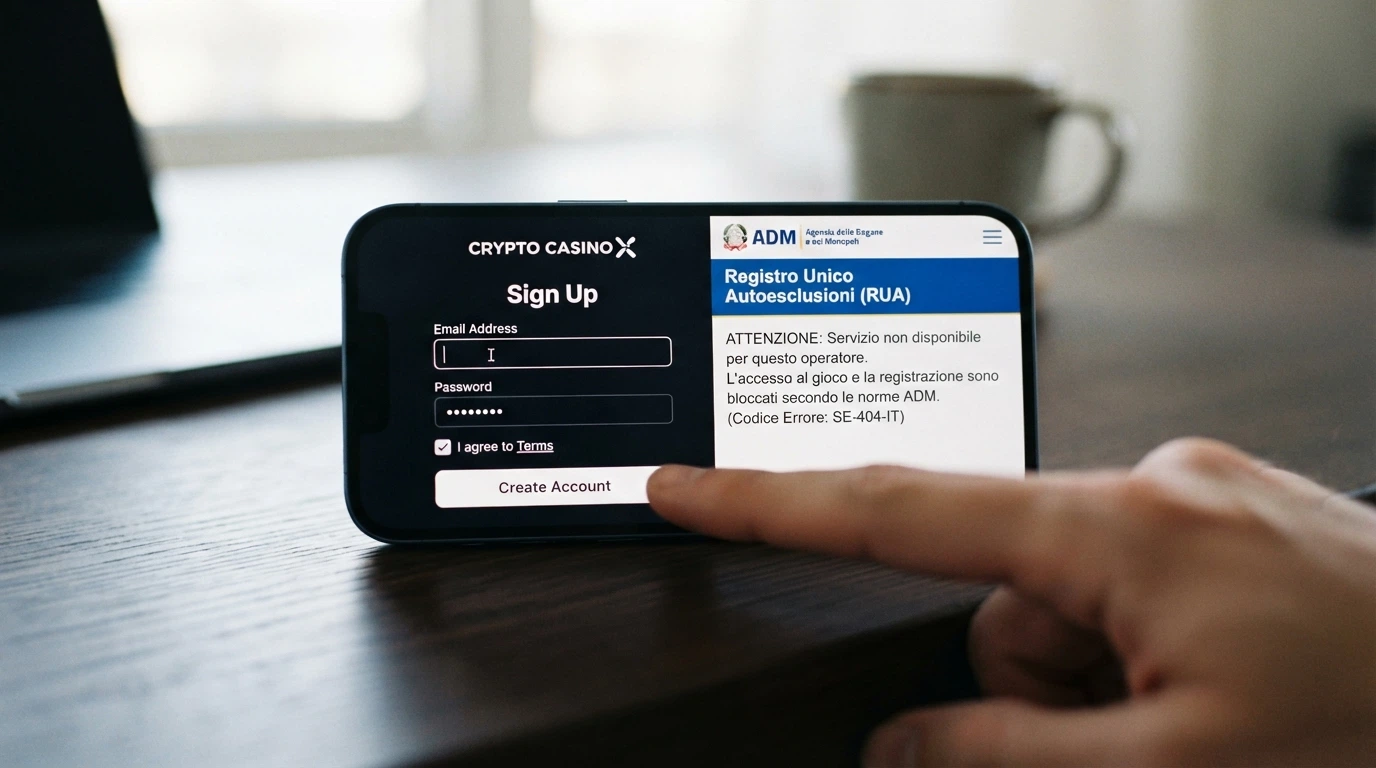 L’interfaccia di registrazione essenziale di un crypto casino no KYC (solo email e password) sovrapposta alla pagina di autoesclusione del RUA con il messaggio «servizio non disponibile per questo operatore»