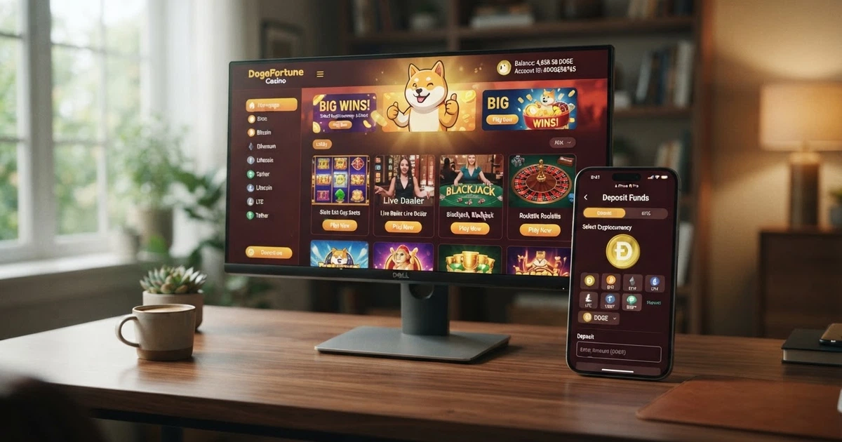 Un'interfaccia di casinò online con il logo di Dogecoin visibile accanto alle opzioni di deposito in criptovaluta, su schermo desktop e mobile