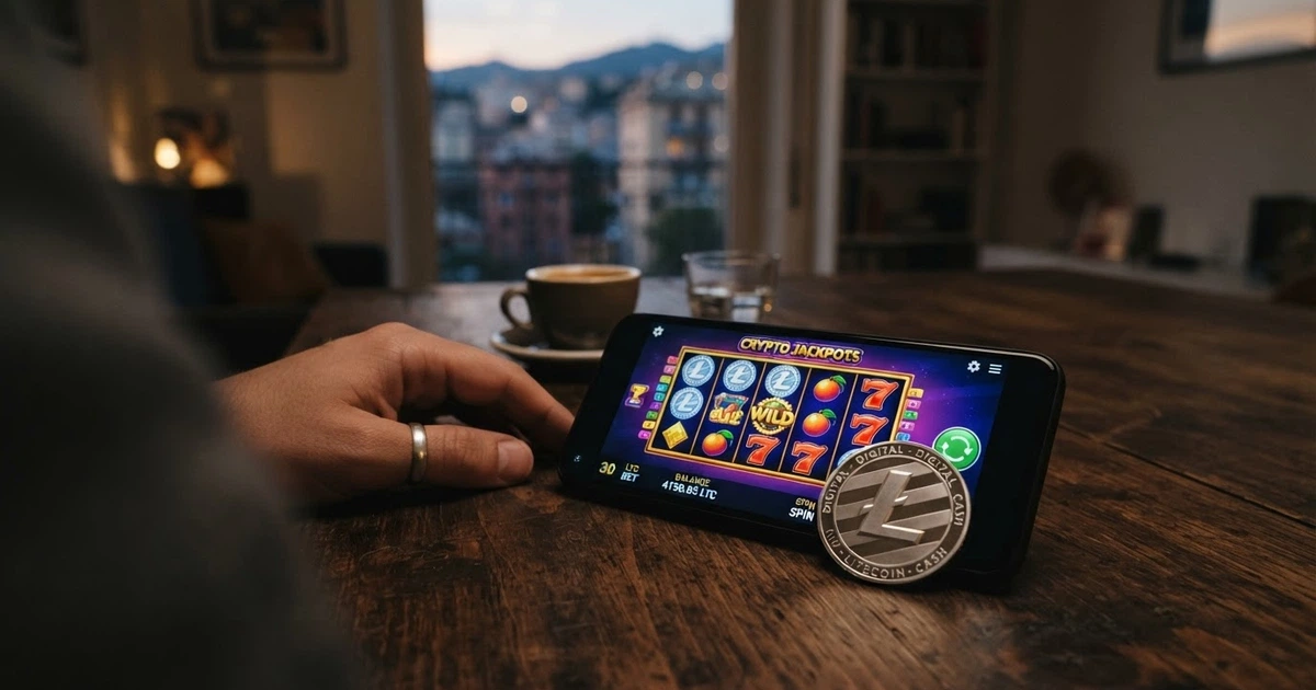 Un tavolo da gioco virtuale con il simbolo di Litecoin in primo piano, sovrapposto a una schermata di casinò online con slot e carte.