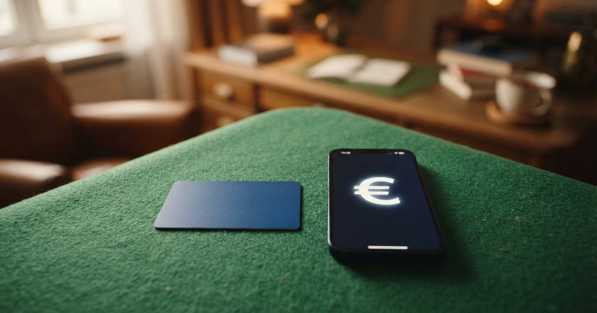 Una carta Mastercard appoggiata su un tavolo da gioco con lo schermo di un computer portatile sullo sfondo che mostra la pagina di un casinò online