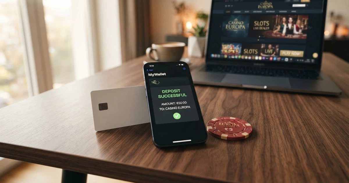 Un portafoglio digitale MiFinity aperto sullo schermo di uno smartphone, accanto al logo di un casinò online, con una carta di credito appoggiata sul tavolo