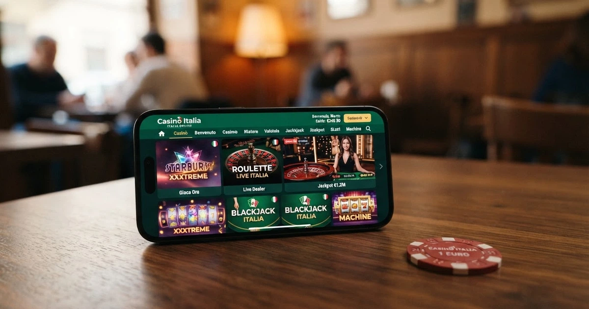 Una carta di pagamento Nexi appoggiata sullo schermo di uno smartphone che mostra la lobby di un casinò online