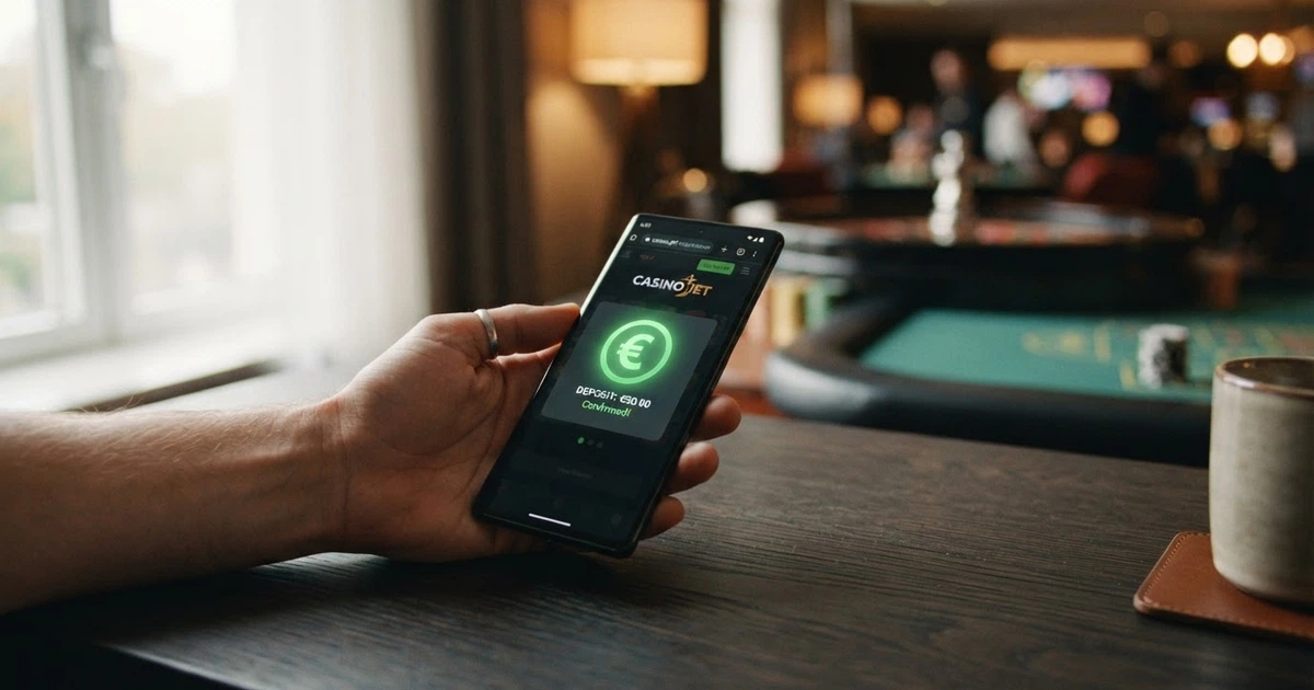 Un moderno smartphone mostra il simbolo dell'euro (€) su uno sfondo di elementi di casinò, rappresentando i pagamenti rapidi e l'esperienza di gioco senza registrazione