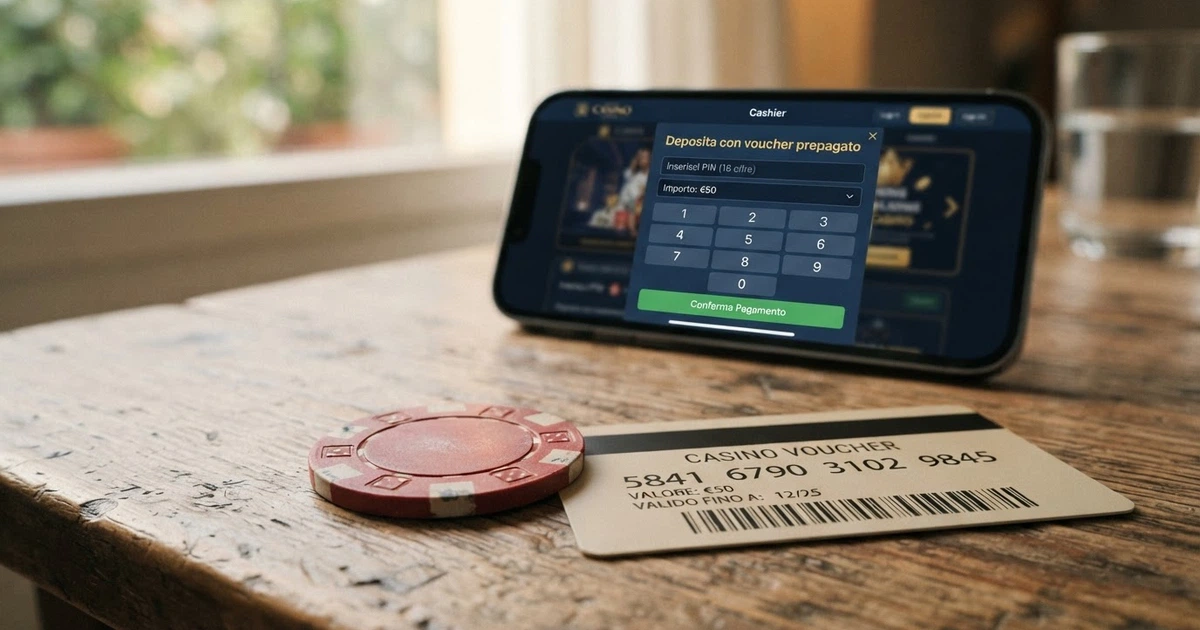 Un voucher cartaceo Paysafecard con il PIN a 16 cifre in evidenza, appoggiato accanto alla schermata di un casinò online aperta sulla pagina di cassa