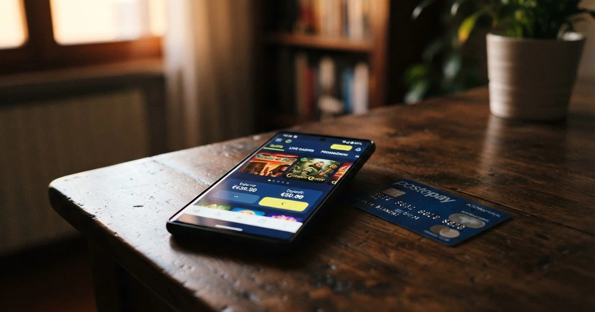 Una carta Postepay appoggiata accanto a uno smartphone che mostra la schermata di deposito di un casinò online