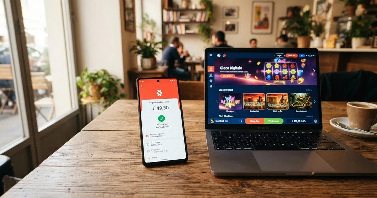 L'app Satispay aperta sullo schermo di uno smartphone accanto alla schermata di un casinò online