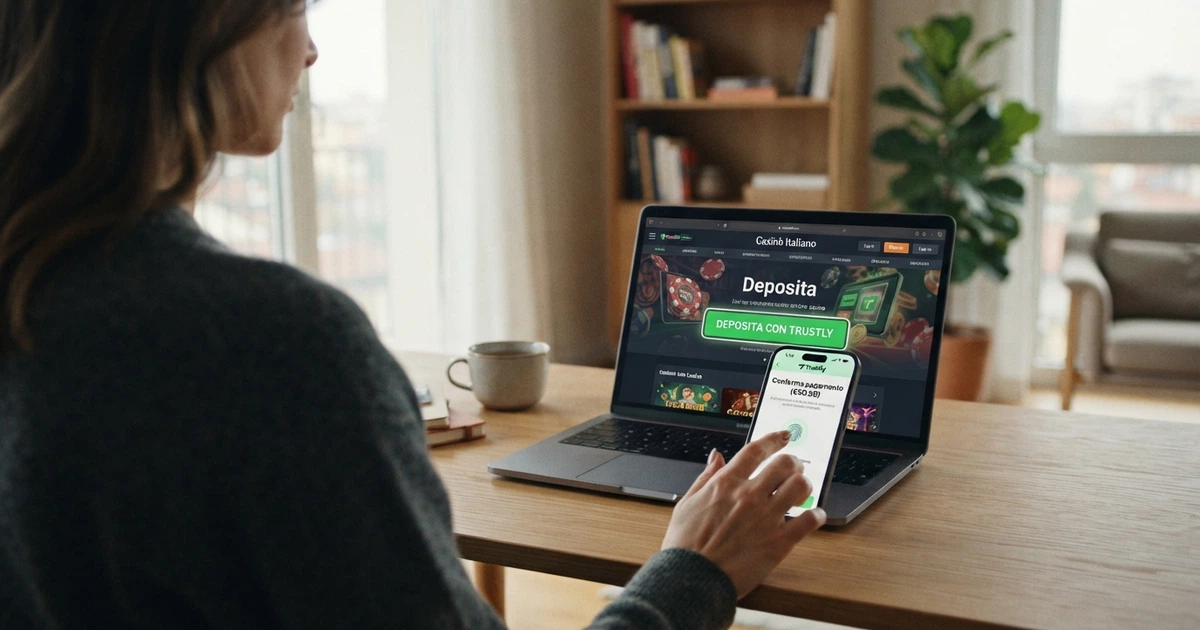 Un telefono e un computer affiancano il logo Trustly e l'interfaccia di un casinò online, con la schermata di pagamento aperta.