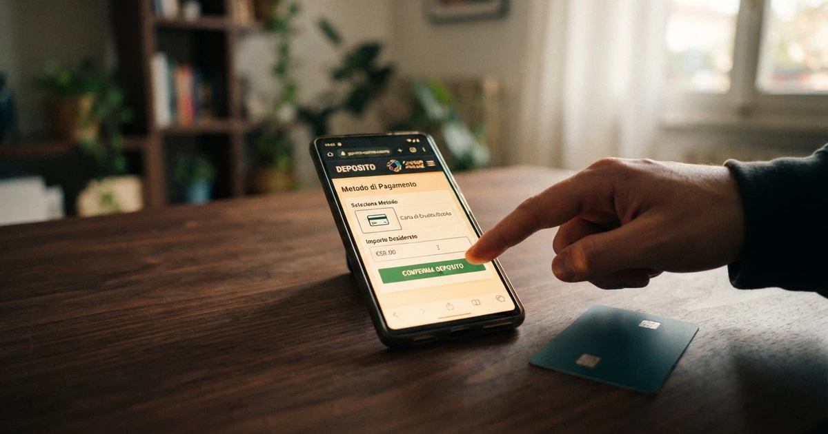 Una carta Visa appoggiata su uno schermo che mostra la homepage di un casinò online, con il form di deposito aperto e l'icona Visa selezionata come metodo di pagamento.