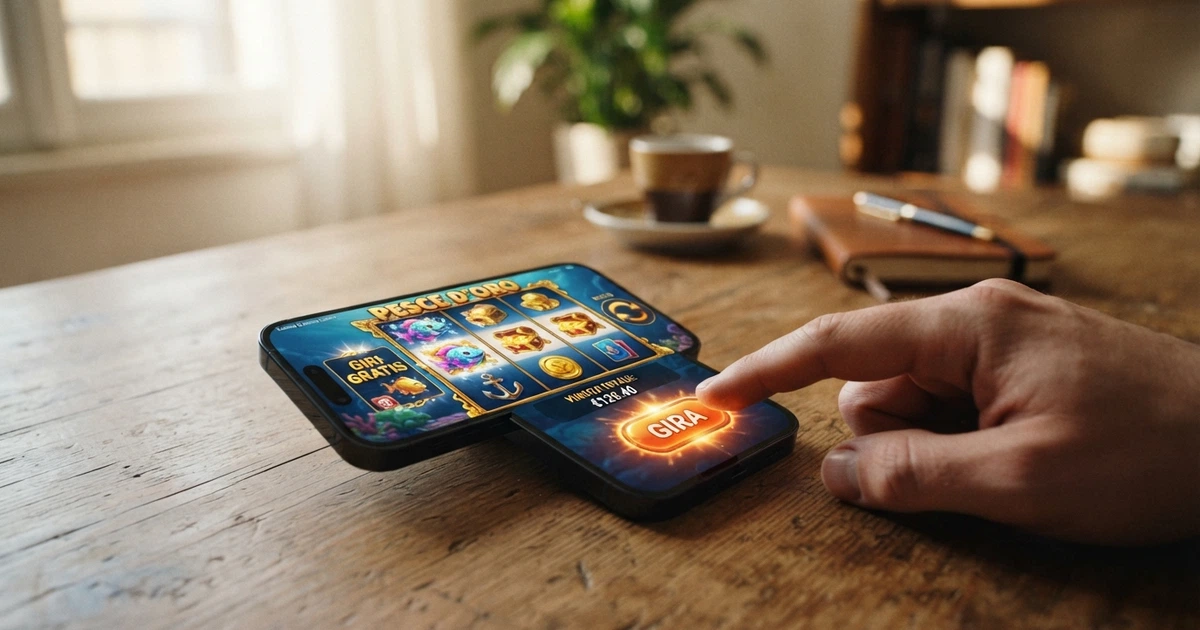 Un primo piano di uno smartphone che mostra una slot machine colorata sullo schermo, con il simbolo dei giri gratis in evidenza e una mano che sta per toccare il pulsante «Gira»