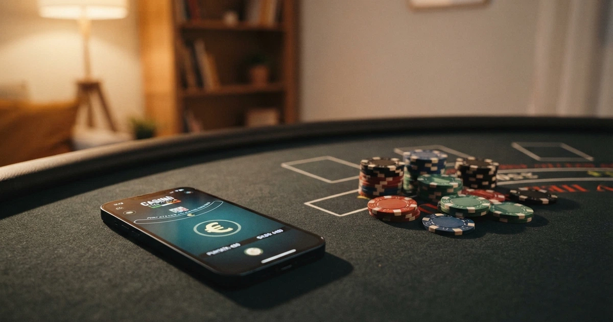 Un tavolo da casinò virtuale con fiches da pochi centesimi e un telefono che mostra la schermata di deposito con cifra 3,00€.