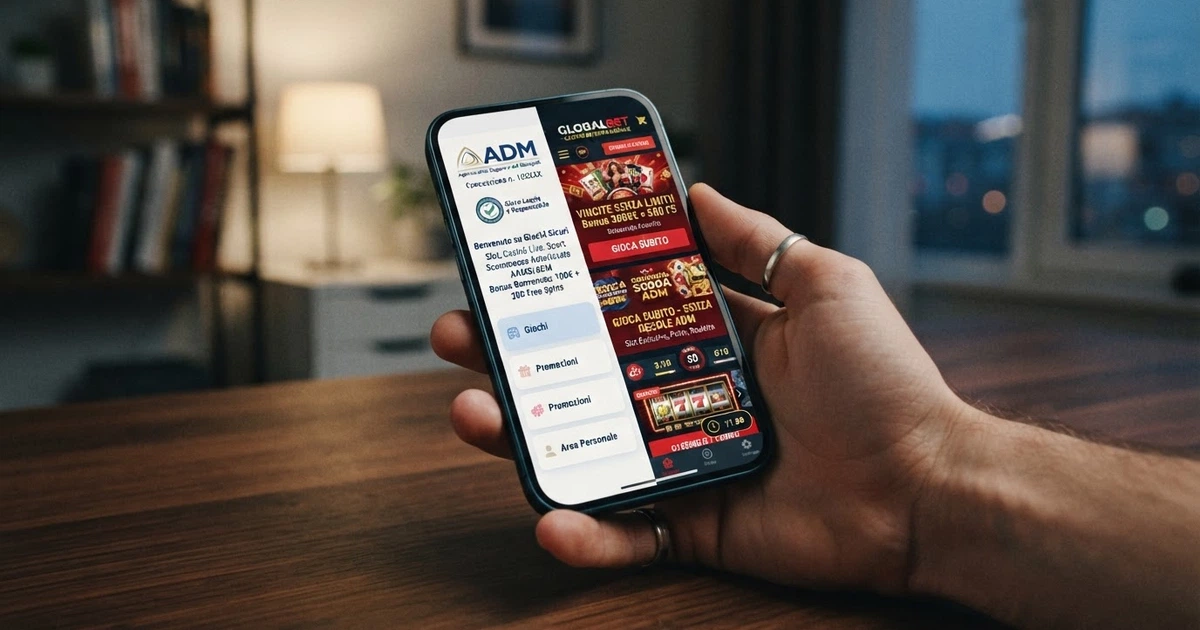 Un giocatore davanti allo schermo di uno smartphone che confronta due schermate di casinò online affiancate: a sinistra l'interfaccia di un casinò con concessione ADM, a destra quella di un casinò offshore, con l'importo «4€» evidenziato al centro