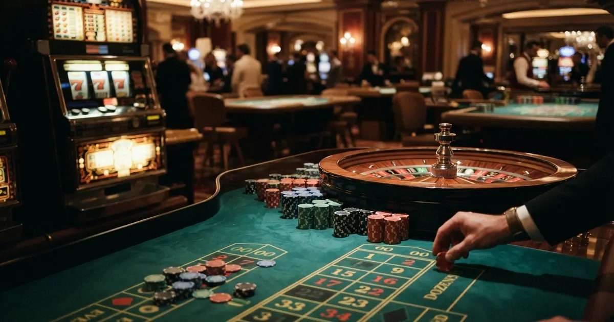 Un tavolo da roulette con fiches e una slot machine illuminata sullo sfondo, in un casinò con licenza ADM