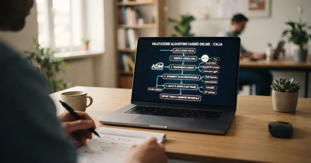 Un diagramma che illustra il flusso logico di un algoritmo di valutazione imparziale: i filtri successivi (licenza, trasparenza bonus, gioco responsabile, qualità giochi) applicati a un insieme di casinò online