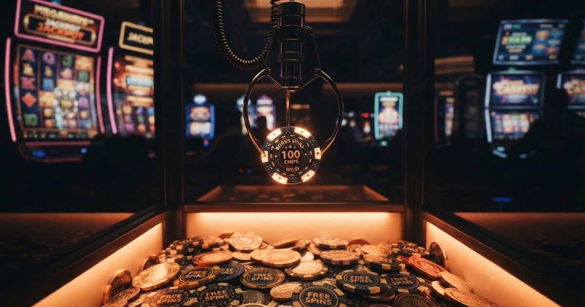 Una gru artiglio virtuale che afferra un premio luminoso tra crediti bonus, free spin e denaro reale sullo sfondo di un casinò online