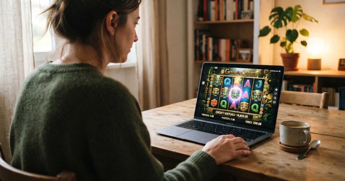 Una persona seduta davanti a un laptop che mostra l'interfaccia di una slot machine online in modalità demo, con la scritta «crediti virtuali» ben visibile sullo schermo e un ambiente domestico rilassato sullo sfondo
