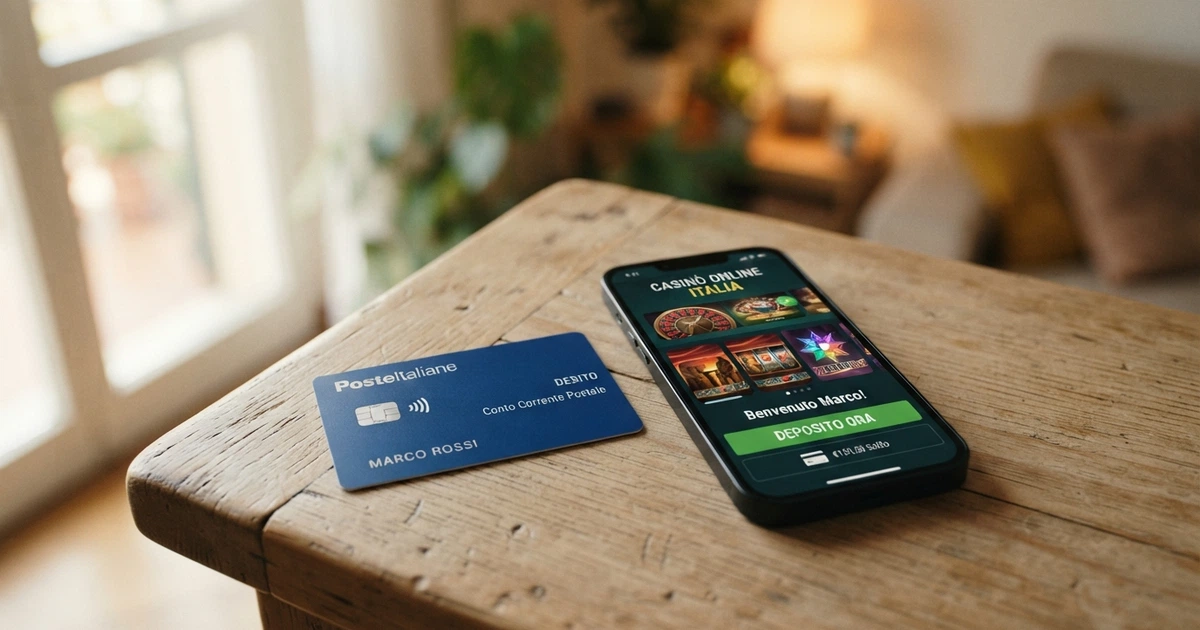 Una carta Bancoposta appoggiata accanto a uno smartphone che mostra la schermata di un casinò online con l'opzione di pagamento Bancoposta selezionata