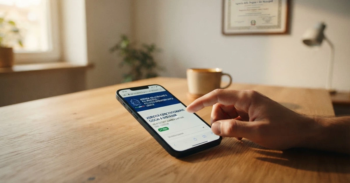 Un primo piano di uno schermo di smartphone che mostra il registro online dei concessionari ADM, con il logo dell'Agenzia delle Dogane e dei Monopoli visibile sullo sfondo di una scrivania ordinata