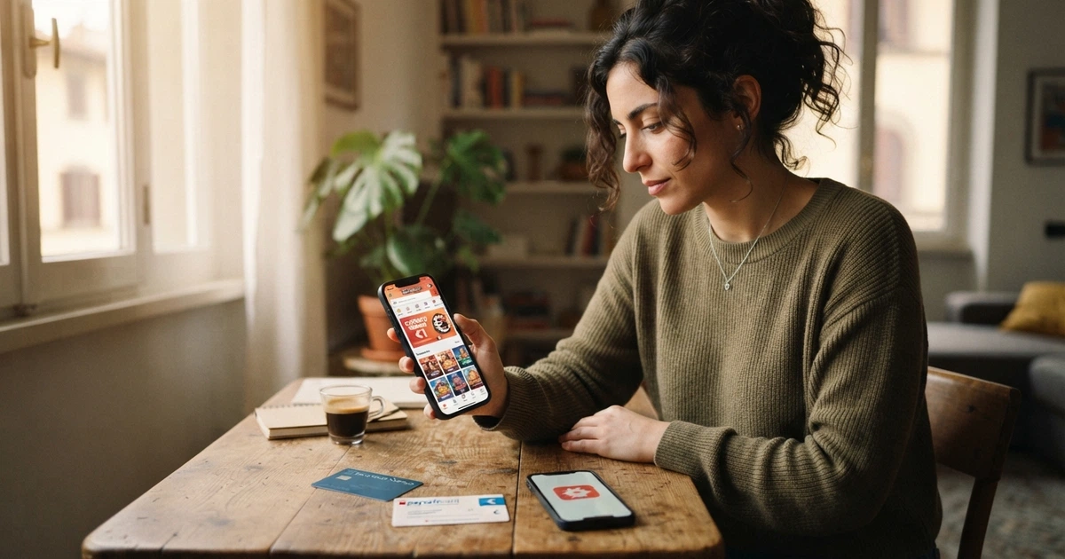 Un giocatore che consulta il telefono davanti allo schermo di un casinò online, con simboli di pagamento visibili (carte, contanti, smartphone) e l'importo «1€» in evidenza