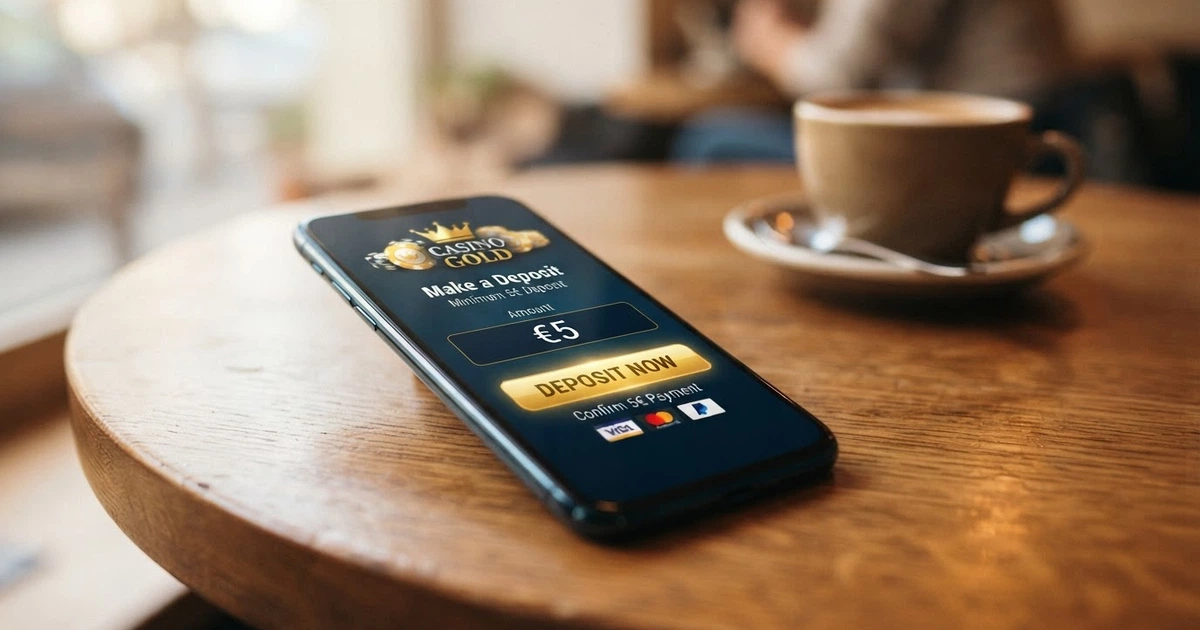 Un telefono che mostra la schermata di deposito di un casinò online con l'importo di 5 euro selezionato e il pulsante di conferma