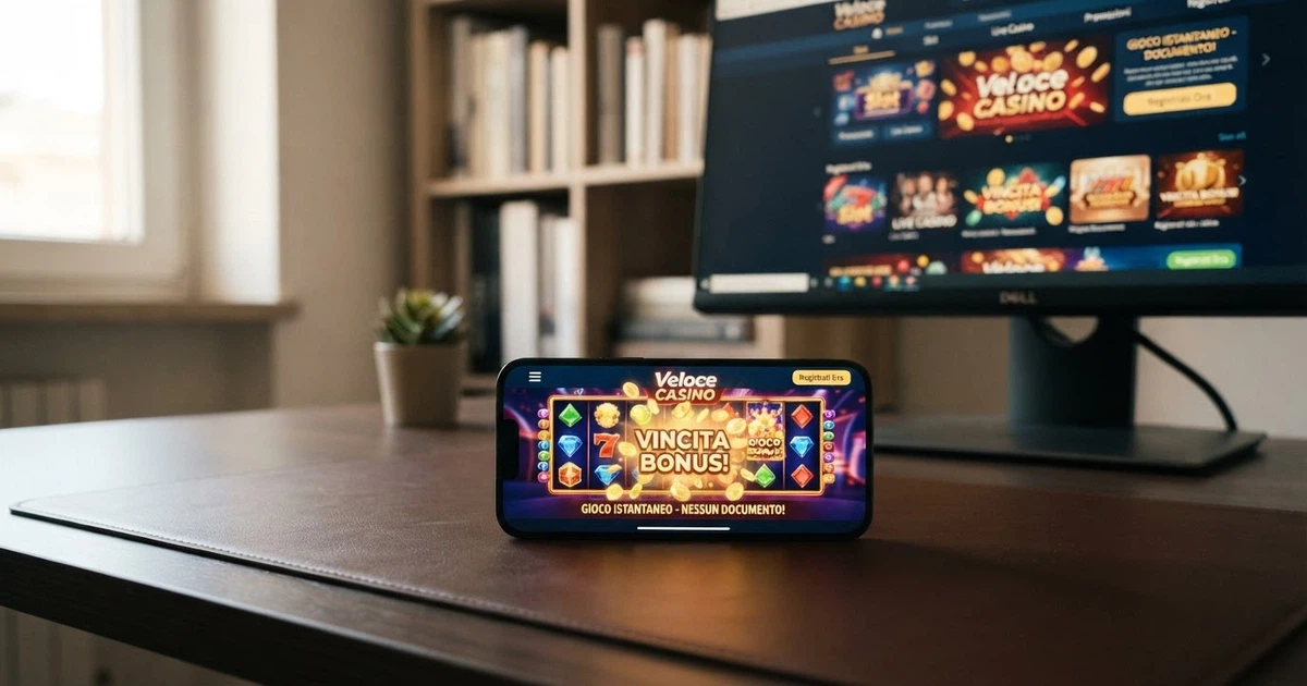 Uno schermo di computer che mostra l'interfaccia di un casinò online con un'icona a forma di lucchetto aperto e la scritta «nessuna verifica richiesta» in sovraimpressione