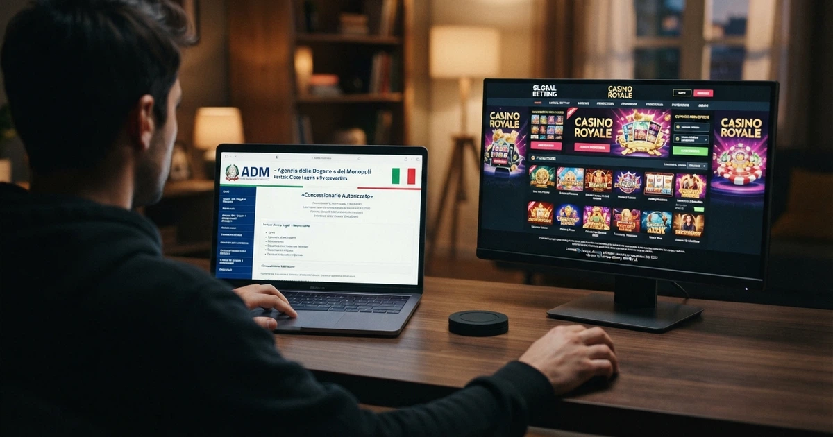Un giocatore seduto davanti a due schermi: a sinistra il portale ADM con il logo ufficiale e la dicitura «Concessionario Autorizzato», a destra un sito di casinò generico con una licenza estera evidenziata in basso — i due mondi affiancati nello stesso fotogramma