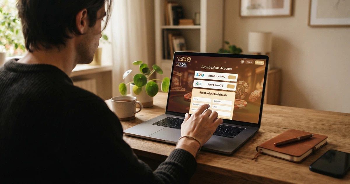 Un giocatore seduto davanti allo schermo di un computer che mostra la schermata di registrazione di un casinò online con tre opzioni affiancate: accedi con SPID, accedi con CIE, registrazione tradizionale